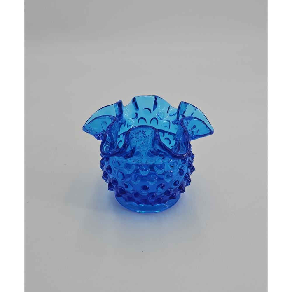 Vintage Fenton Colonial Blue Hobnail 3" Double Crimped Rim Glass Flower Vase - Picture 2 of 8